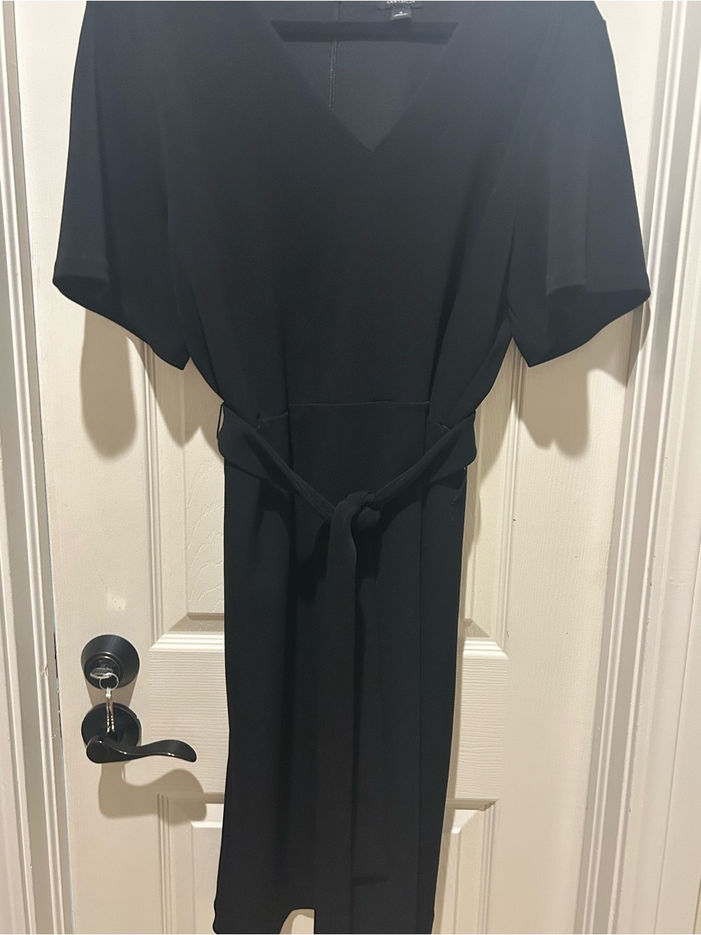 Ann Taylor Black V-Neck knee-length Dress with Tie Waist